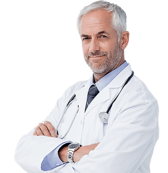 Smiling male doctor in lab coat with stethoscope, arms crossed, stands confidently against a white background.