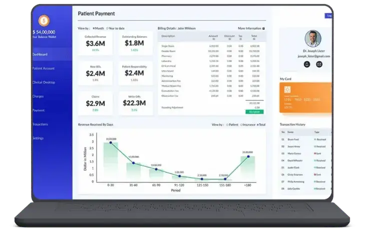A laptop screen displays a healthcare payment dashboard showing patient payment statistics, charts, billing details, and a sidebar menu with navigation options.