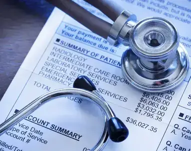 Stethoscope on a medical bill detailing hospital service costs and total due, illustrating healthcare billing.