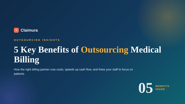 Digital graphic with Claimura logo, “5 Key Benefits of Outsourcing Medical Billing” title on a blue gradient background.