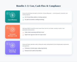 Infographic with three boxes showing outsourcing benefits: cost efficiency, improved revenue cycle, and healthcare expertise.