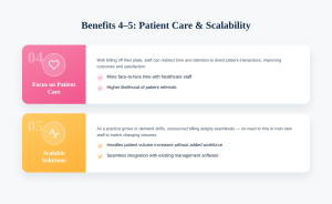 Infographic with icons highlighting Patient Care in pink and Scalable Solutions in yellow for medical billing benefits.