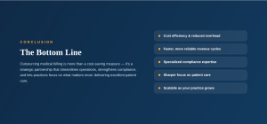Dark blue slide titled “The Bottom Line” lists five key benefits of outsourcing medical billing in side boxes.